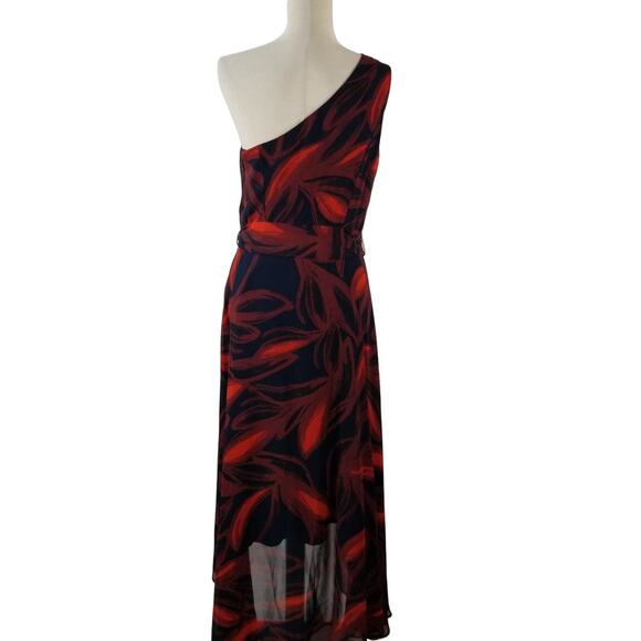 Vince Camuto Red Blue Sheer Overlay 1 Shoulder Sleeveless Tie Waist Dress 10 - Picture 3 of 7